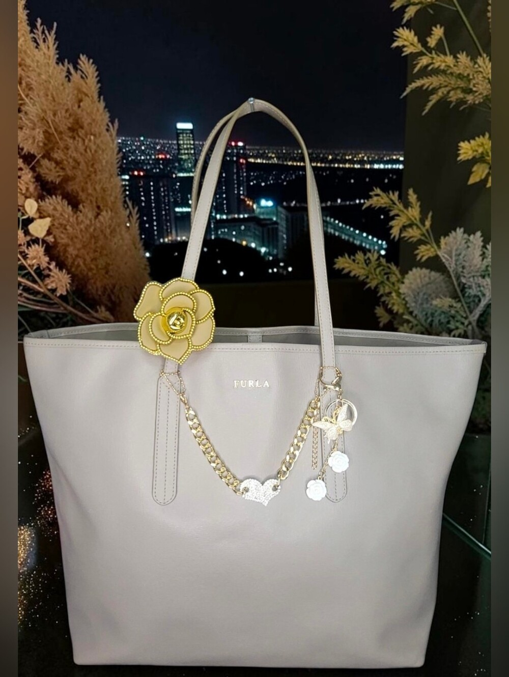 Furla Large Taupe Saffiano Leather Tote Bag With Gold Accesories